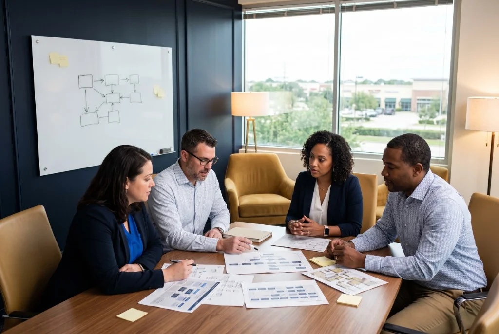 Corporate project team reviewing process maps while planning an SAP rollout with Hull Software