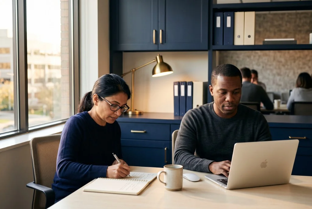 Two professionals completing hands-on SAP practice at a Hull Software training workstation