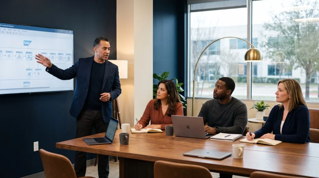 Instructor leading a live Hull Software SAP training session for three enterprise professionals at a conference table