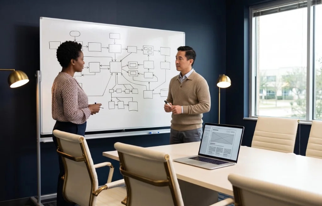 Consultants mapping a custom enterprise software workflow on a whiteboard at Hull Software